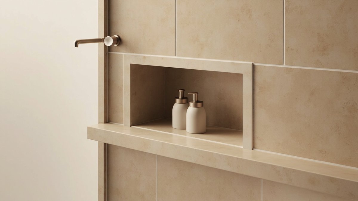 Illustrative concept design: sand beige tiled shower niche above a deep tiled ledge