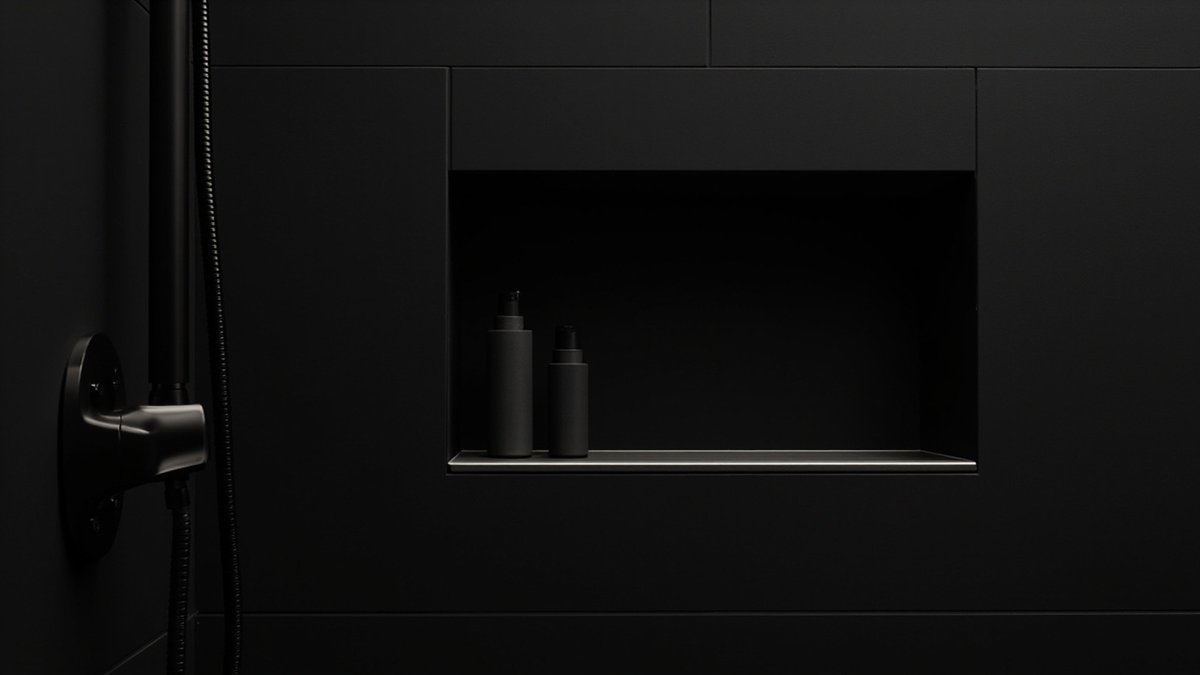Illustrative concept design: wide shower niche in matt black tiles with a slim brushed steel sill trim