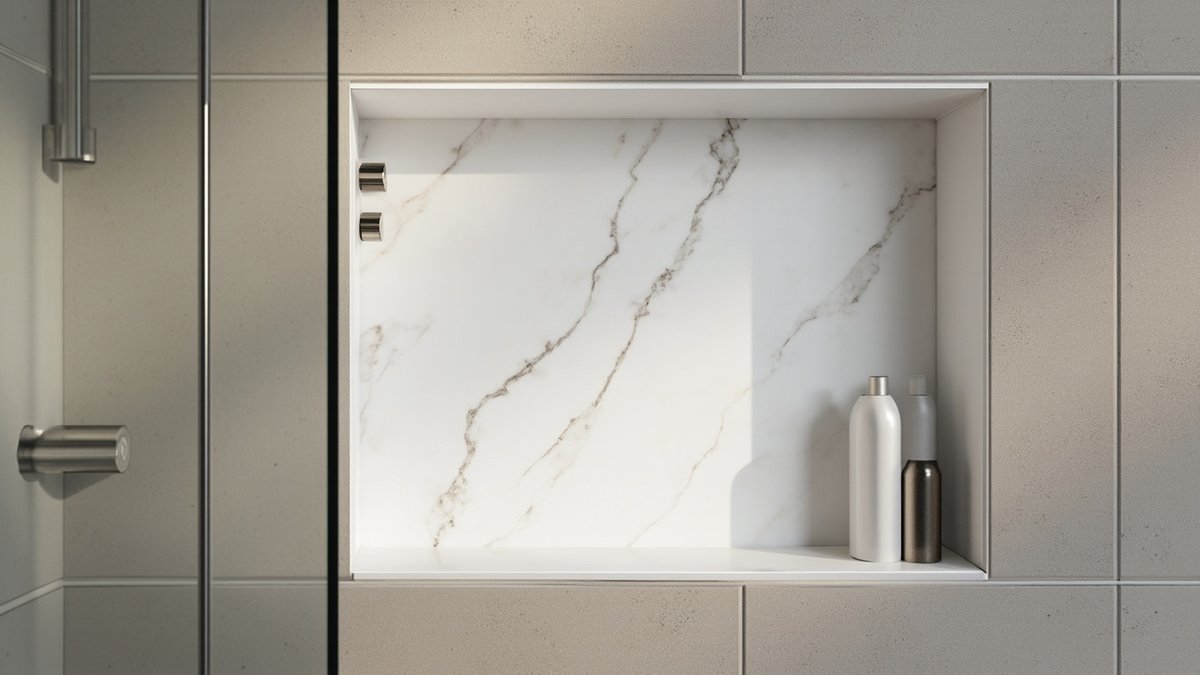 Illustrative concept design: wide shower niche with a single marble-look slab back set in warm grey tiles