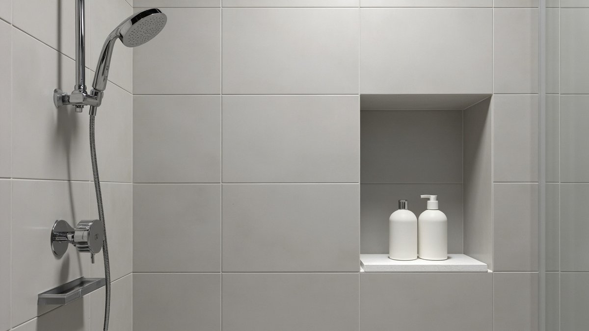 Illustrative concept design: square shower niche lined in matching light grey tiles with a thin white quartz sill