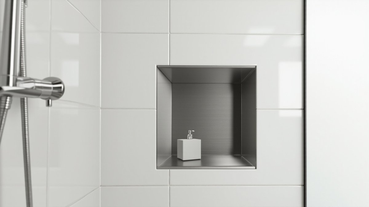 Illustrative concept design: brushed stainless steel shower niche insert set flush into white gloss tiles