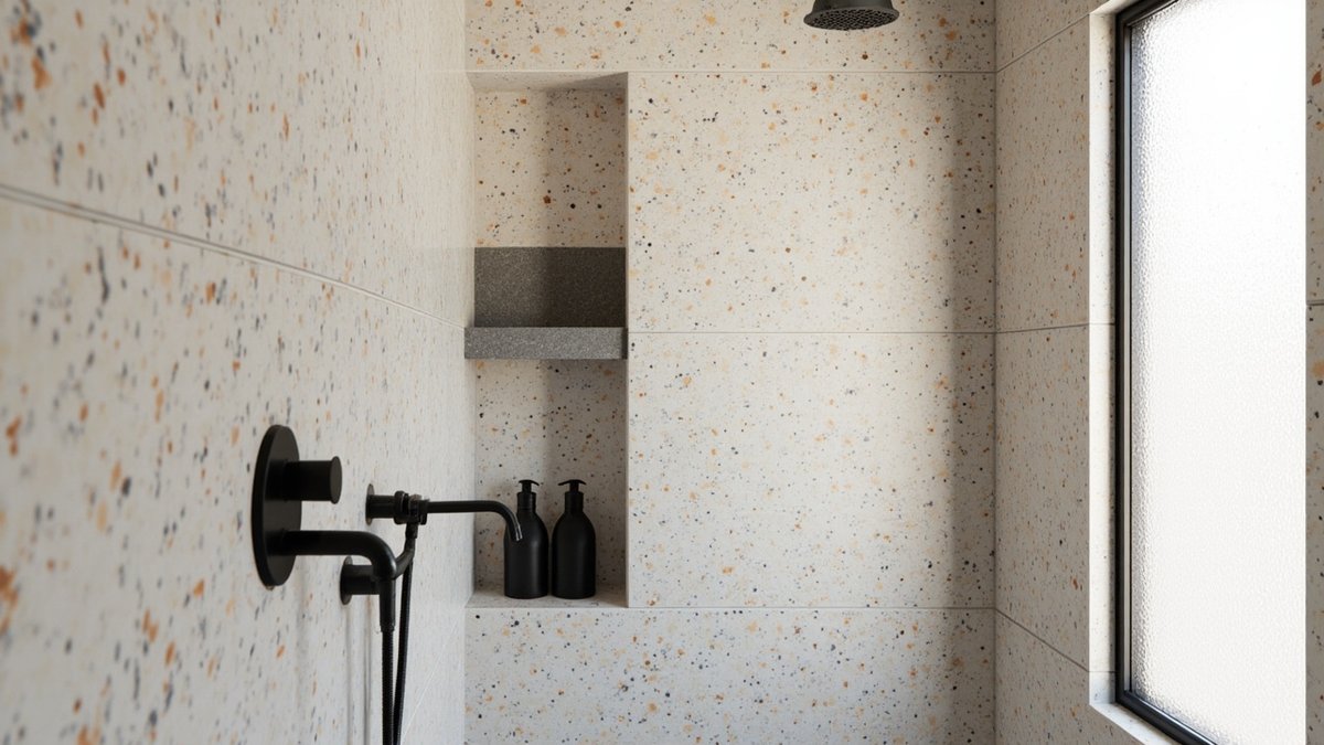 Illustrative concept design: tall narrow shower niche in speckled terrazzo-look tiles with one grey stone shelf