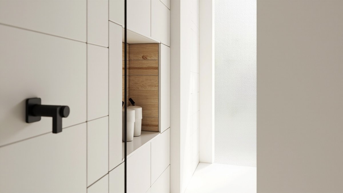 Illustrative concept design: shower niche with an oak-look plank tile back and white sill in a white tiled wall