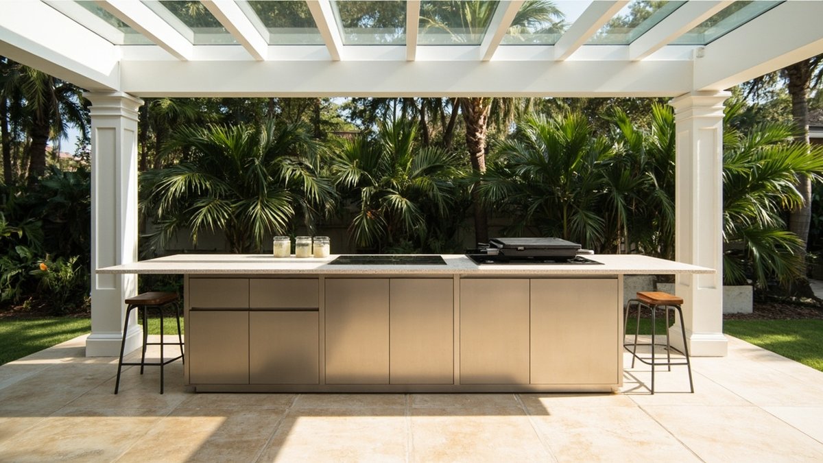 Ilustrasi konsep reka bentuk: pulau dapur luar dengan table top sintered stone cerah dan pintu stainless di bawah pergola putih