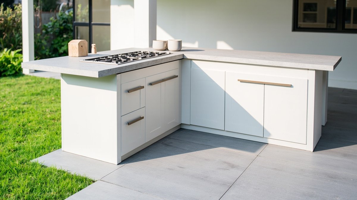 Ilustrasi konsep reka bentuk: dapur luar bentuk L aluminium putih dengan dapur gas di patio semi-D tepi rumput
