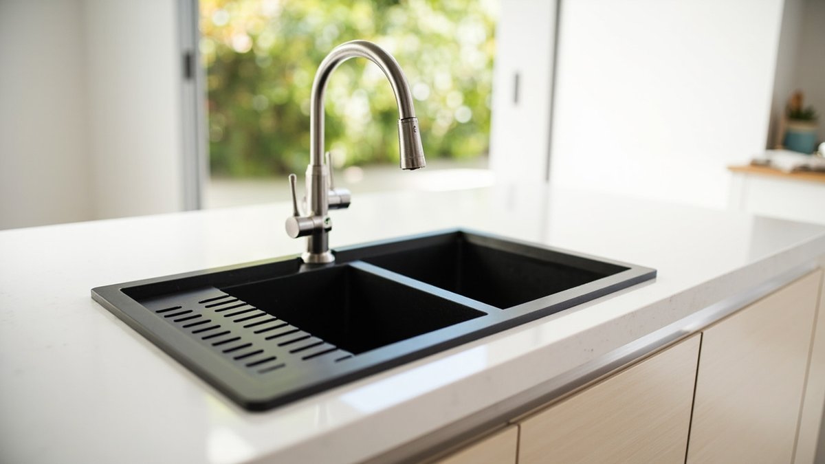 Illustrative concept design: matt black composite topmount sink with two bowls and a slotted drainer on a white countertop
