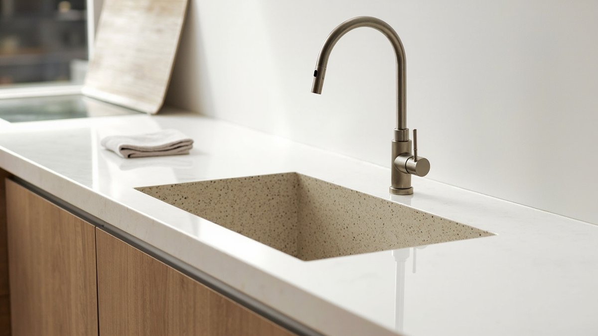 Illustrative concept design: speckled cream granite composite sink undermounted in a white quartz top with a brushed nickel pull-down tap