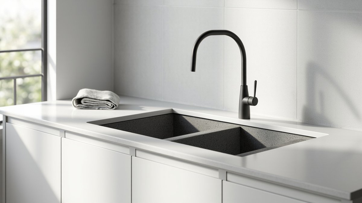 Illustrative concept design: charcoal granite composite double sink set flush in a white top with a matt black gooseneck tap
