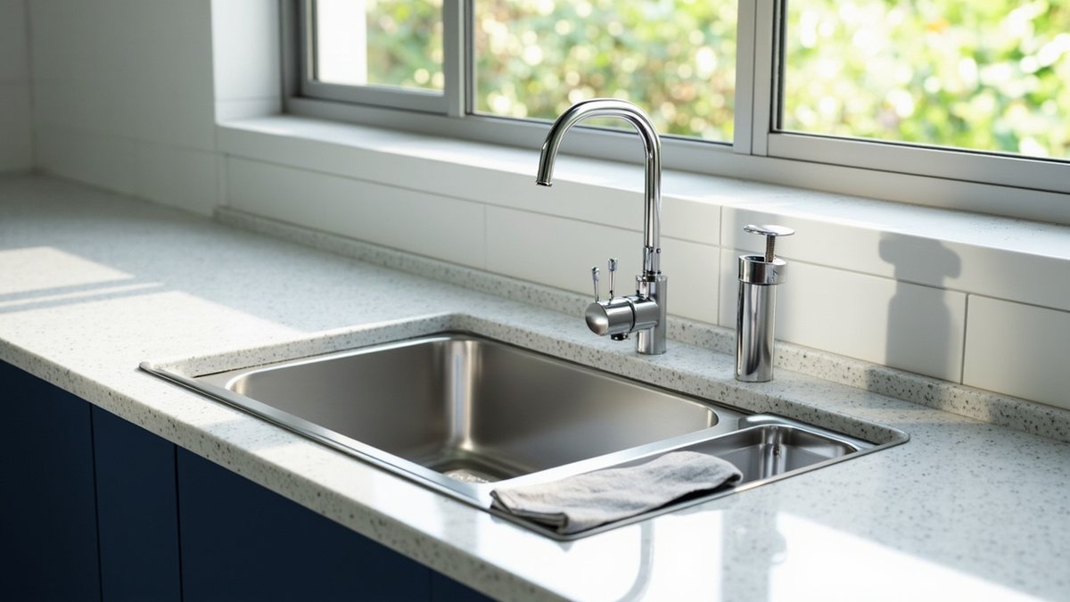 Illustrative concept design: chrome 3-in-1 style tap and soap pump behind a stainless sink with a small side bowl and navy cabinets