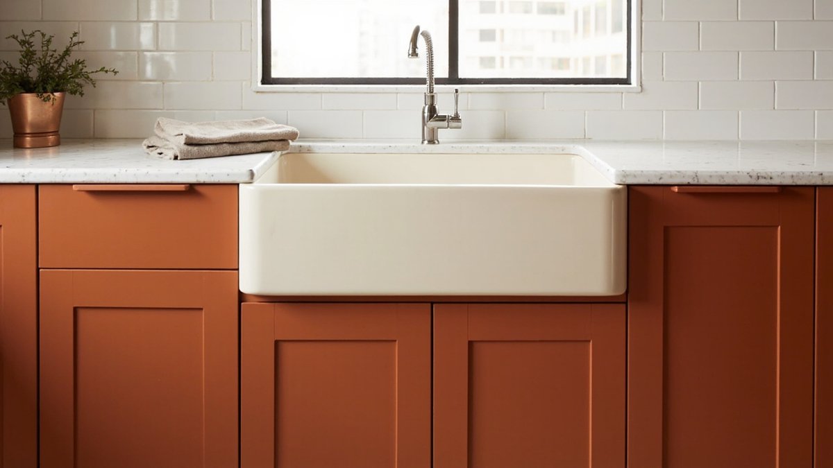 Illustrative concept design: deep cream fireclay apron-front sink between rust-orange shaker cabinets with white subway tiles