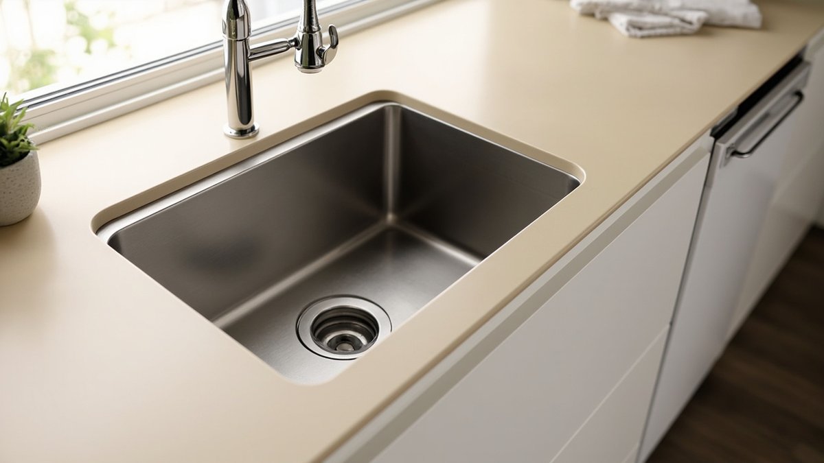 Illustrative concept design: large deep stainless bowl undermounted in a beige solid-surface top beside a dishwasher
