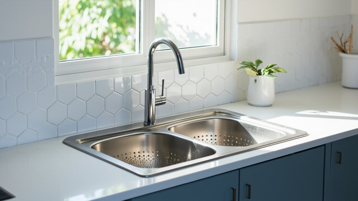 Illustrative concept design: topmount stainless double sink with colander baskets in both bowls and white hexagon tiles