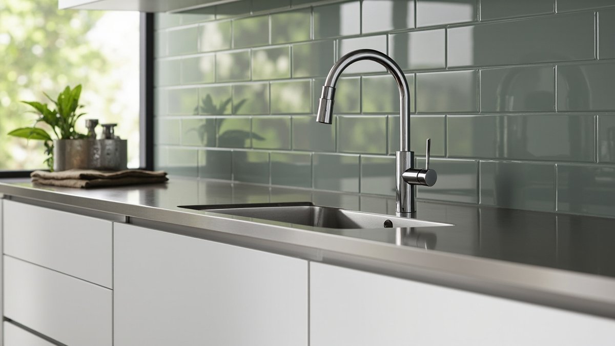 Illustrative concept design: stainless sink set flush into a brushed stainless worktop with a chrome pull-down tap and grey-green subway tiles