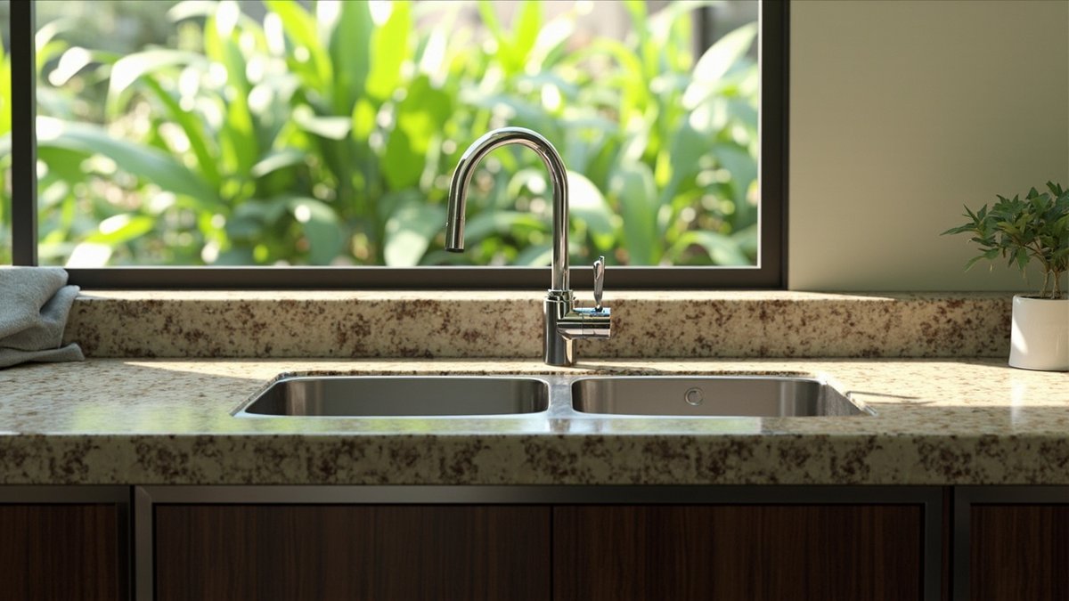Illustrative concept design: stainless double sink undermounted in speckled beige granite under a garden window with a chrome tap