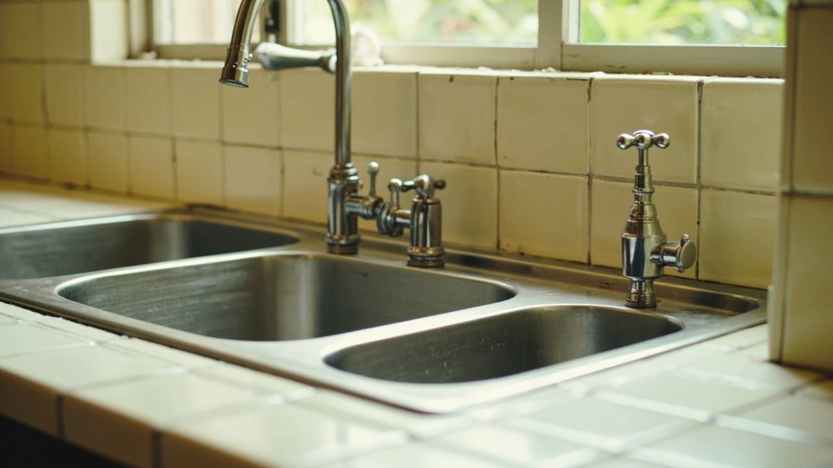 Illustrative concept design: topmount stainless double sink on a cream tiled counter with a gooseneck tap and a cross-handle pillar tap