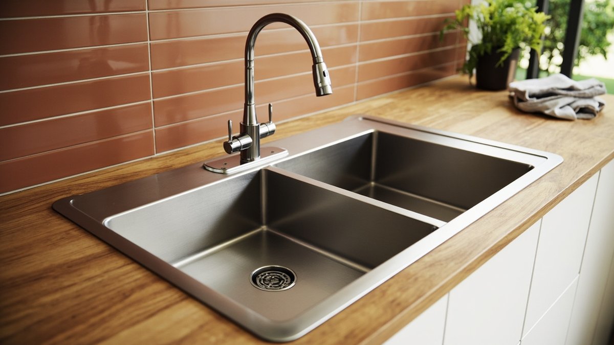 Illustrative concept design: topmount stainless double sink in an oak-look laminate top with a chrome pull-down tap and terracotta-brown tiles