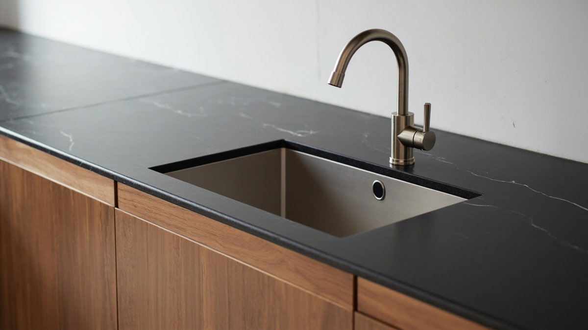 Illustrative concept design: stainless single sink undermounted in a black veined stone top with a brushed nickel tap and walnut cabinets