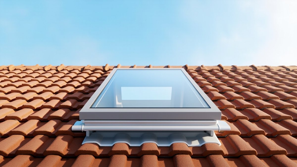 Illustrative concept design: small glass skylight in a clay tile roof with aluminium flashing around its frame