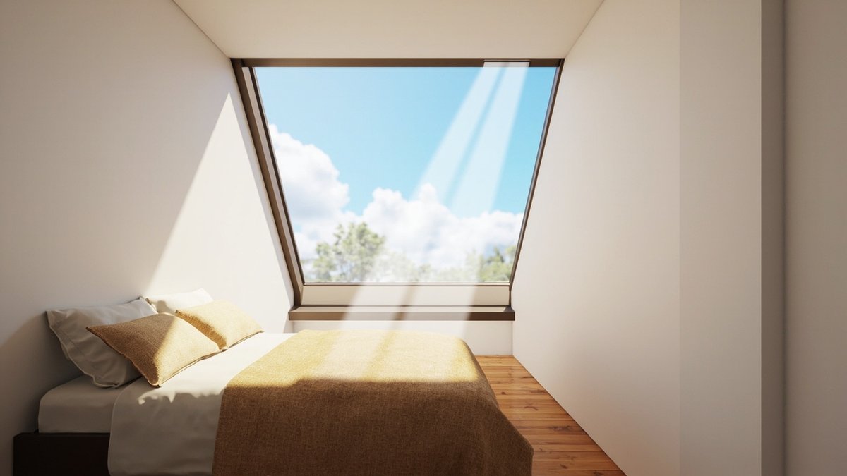 Illustrative concept design: large fixed glass rooflight in the sloping end ceiling of an attic bedroom above a bed