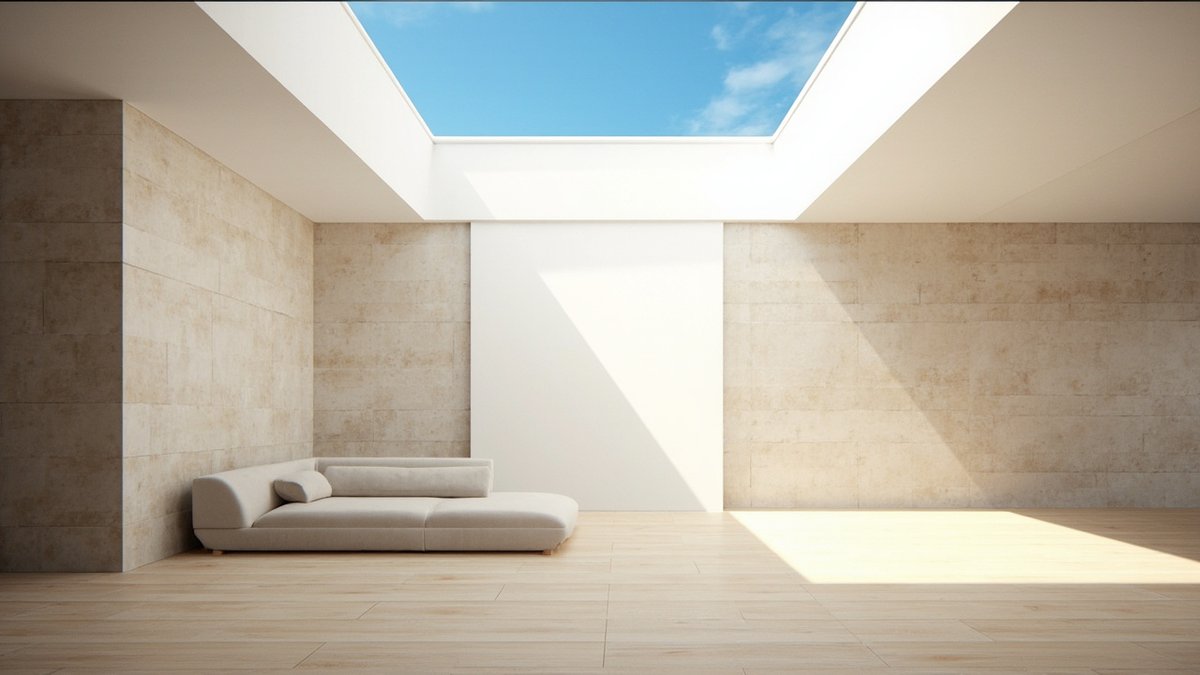 Illustrative concept design: large glass skylight in a flat ceiling over a travertine-walled penthouse lounge