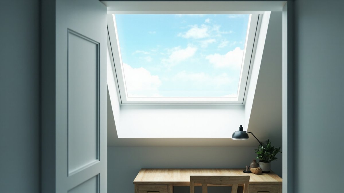 Illustrative concept design: fixed glass skylight with a white light well in a sloping ceiling above an oak study desk