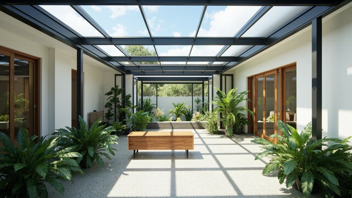 Illustrative concept design: custom steel and glass roof section over an indoor courtyard with plants