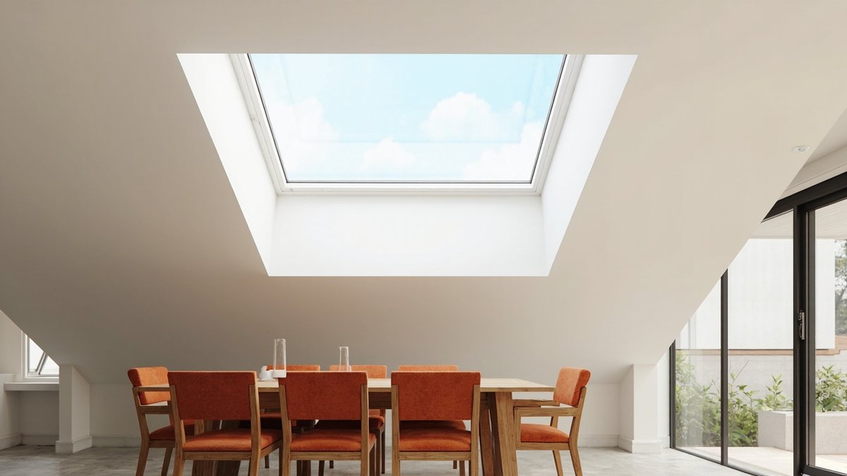 Illustrative concept design: large fixed glass skylight with a white light well above a dining table with orange chairs