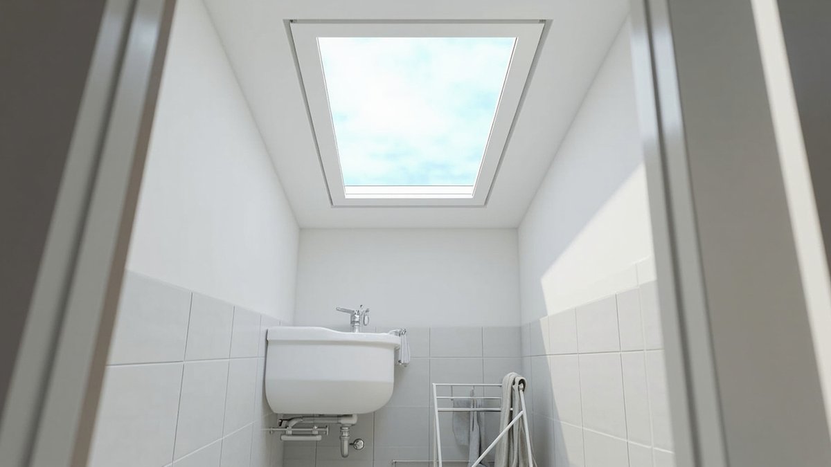 Illustrative concept design: small fixed polycarbonate skylight above a terrace house laundry and utility area