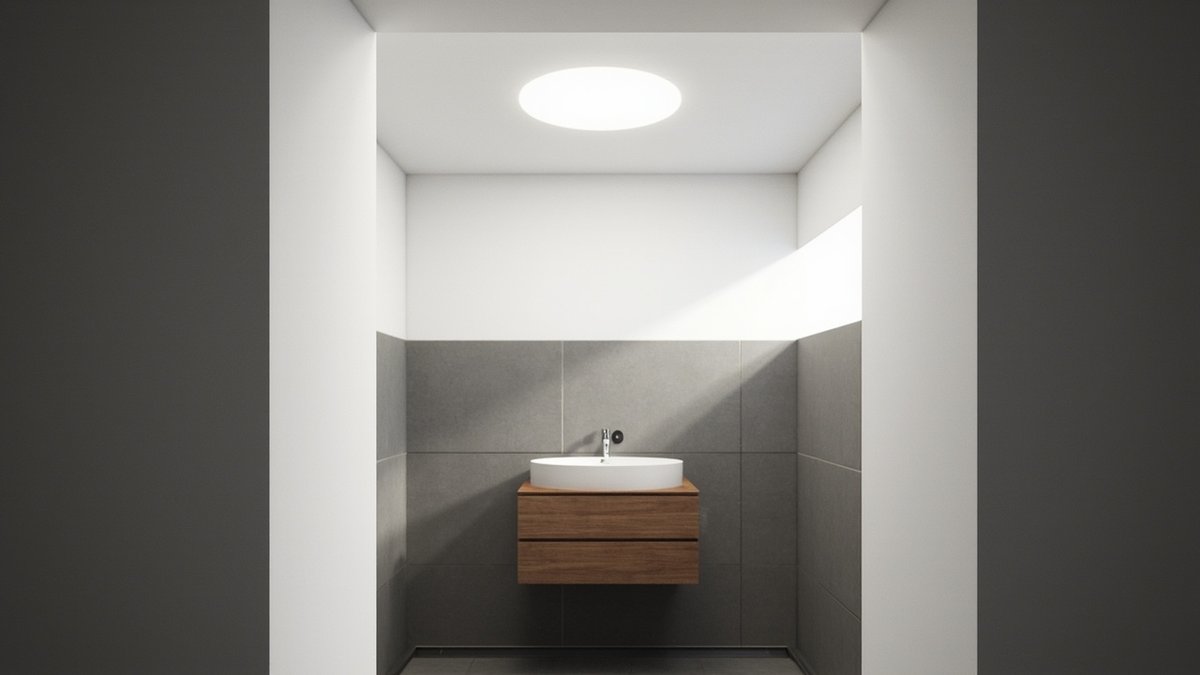 Illustrative concept design: round tubular skylight diffuser lighting a windowless bathroom with a walnut vanity