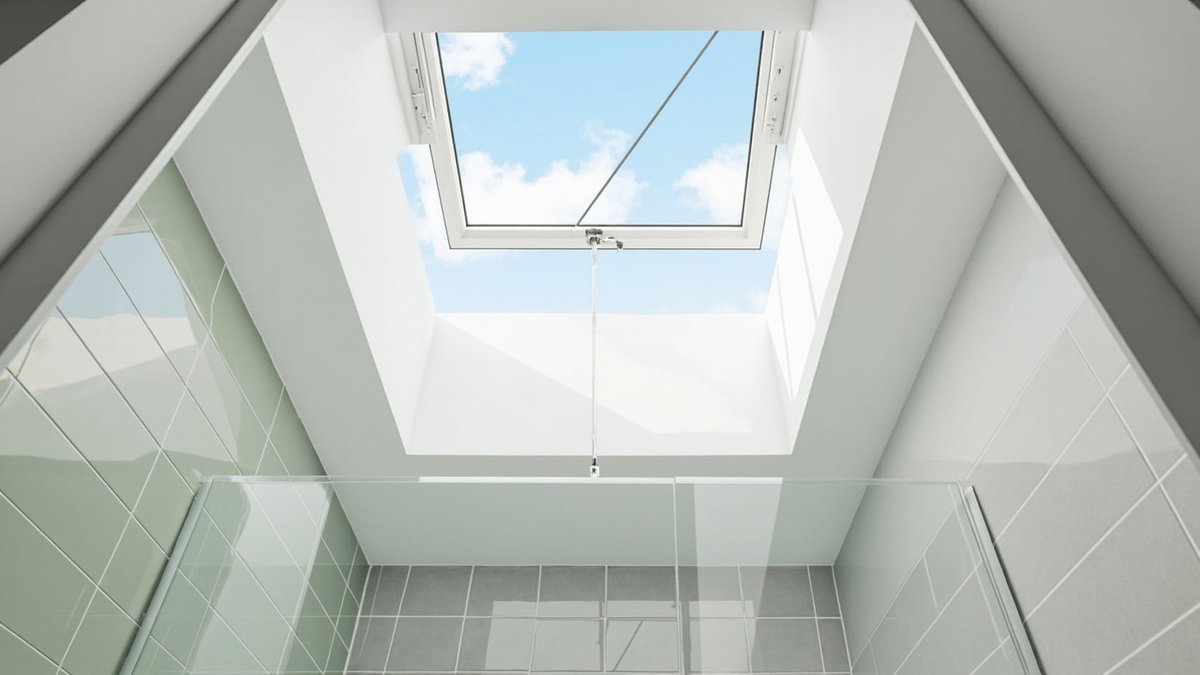 Illustrative concept design: vented glass skylight hinged open with a crank rod above a sage green bathroom