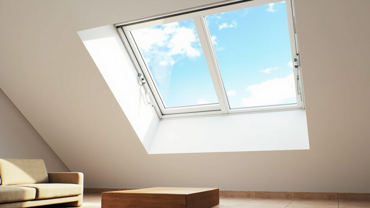 Illustrative concept design: two-pane motorised vented skylight with chain actuators in a sloping family room ceiling