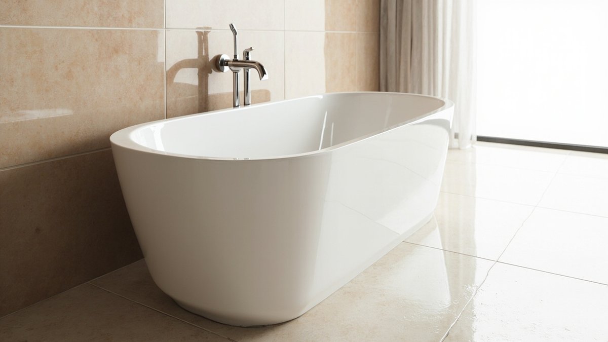 Illustrative concept design: white back-to-wall freestanding bathtub with a chrome wall spout against sand beige tiles