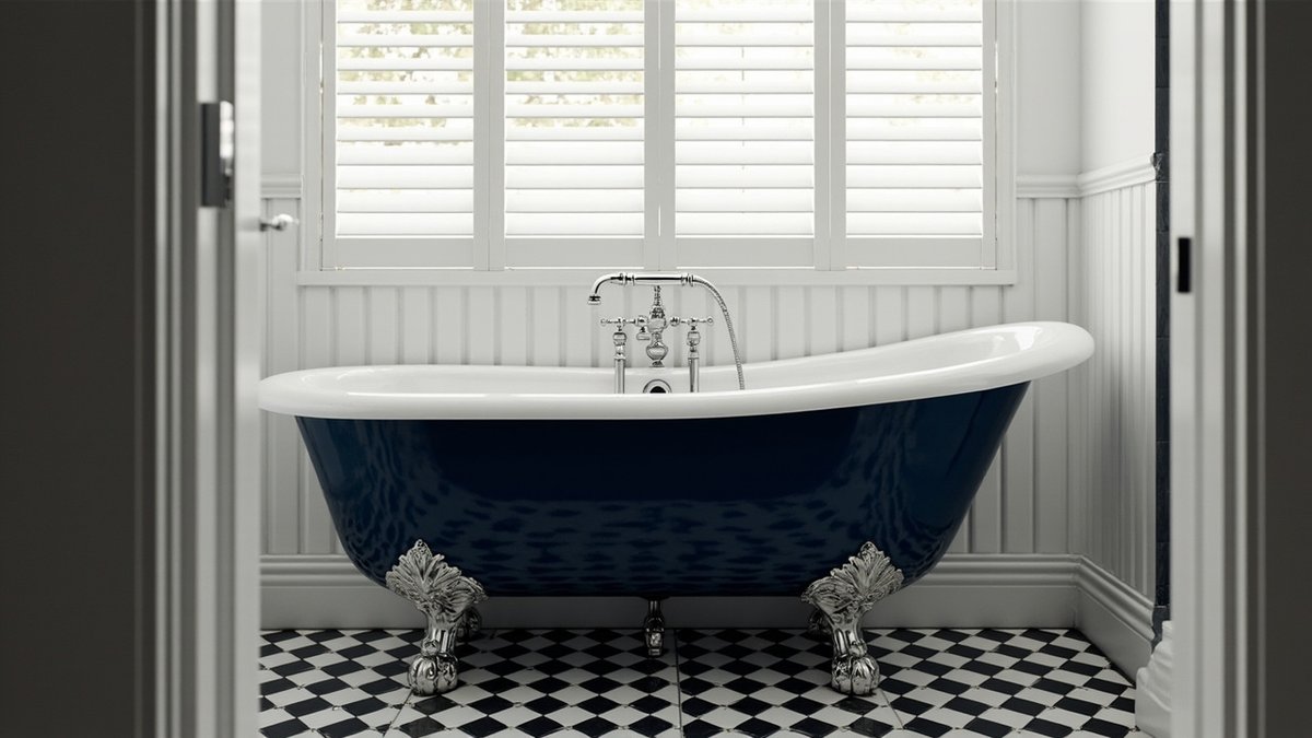 Illustrative concept design: navy roll-top cast iron clawfoot bathtub on a black and white checkerboard floor
