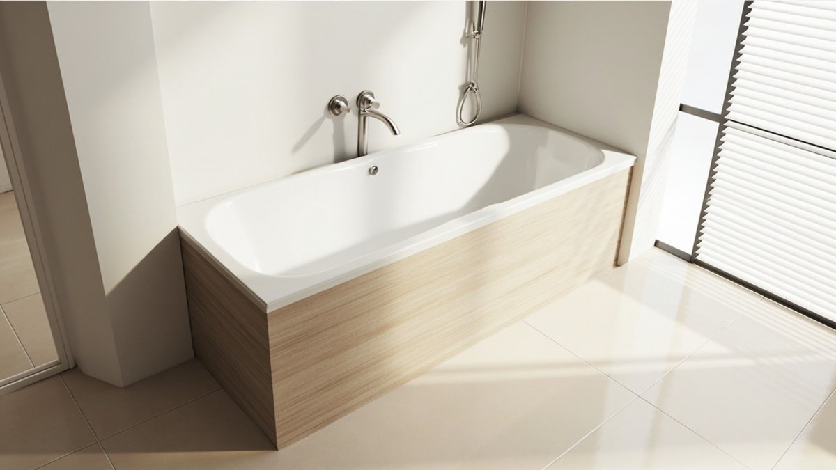 Illustrative concept design: white built-in bathtub with a light oak-look tiled apron in a condo bathroom
