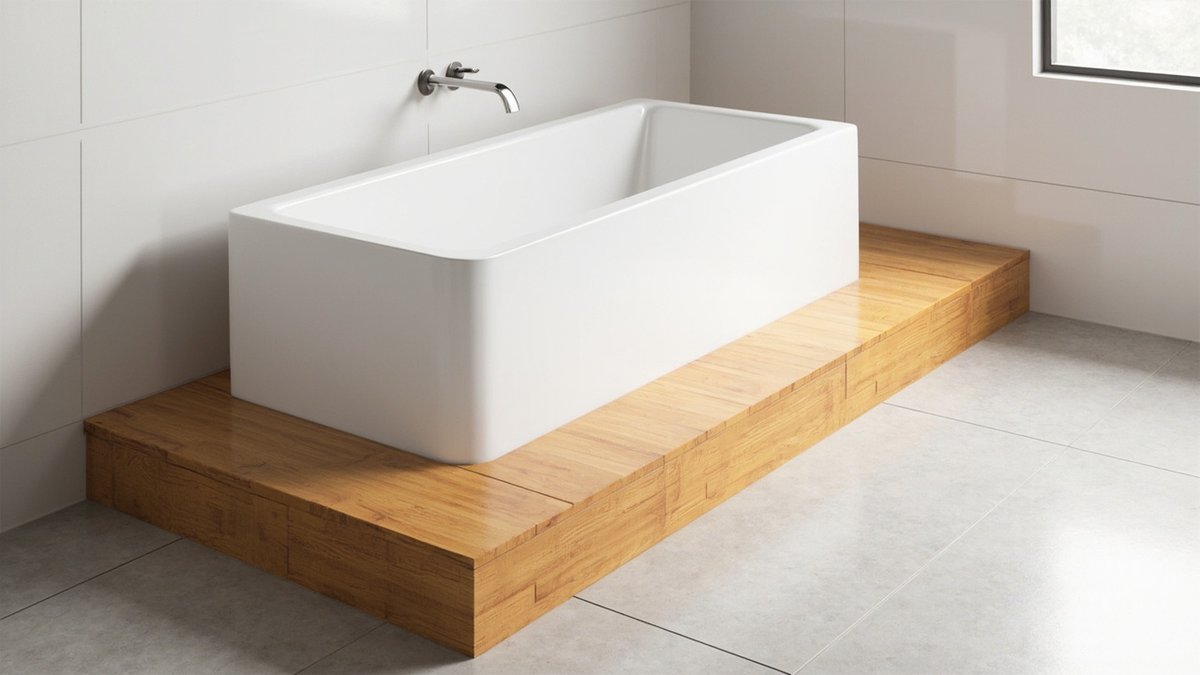 Illustrative concept design: squared white freestanding bathtub on a raised wood-look tiled platform in a semi-D bathroom