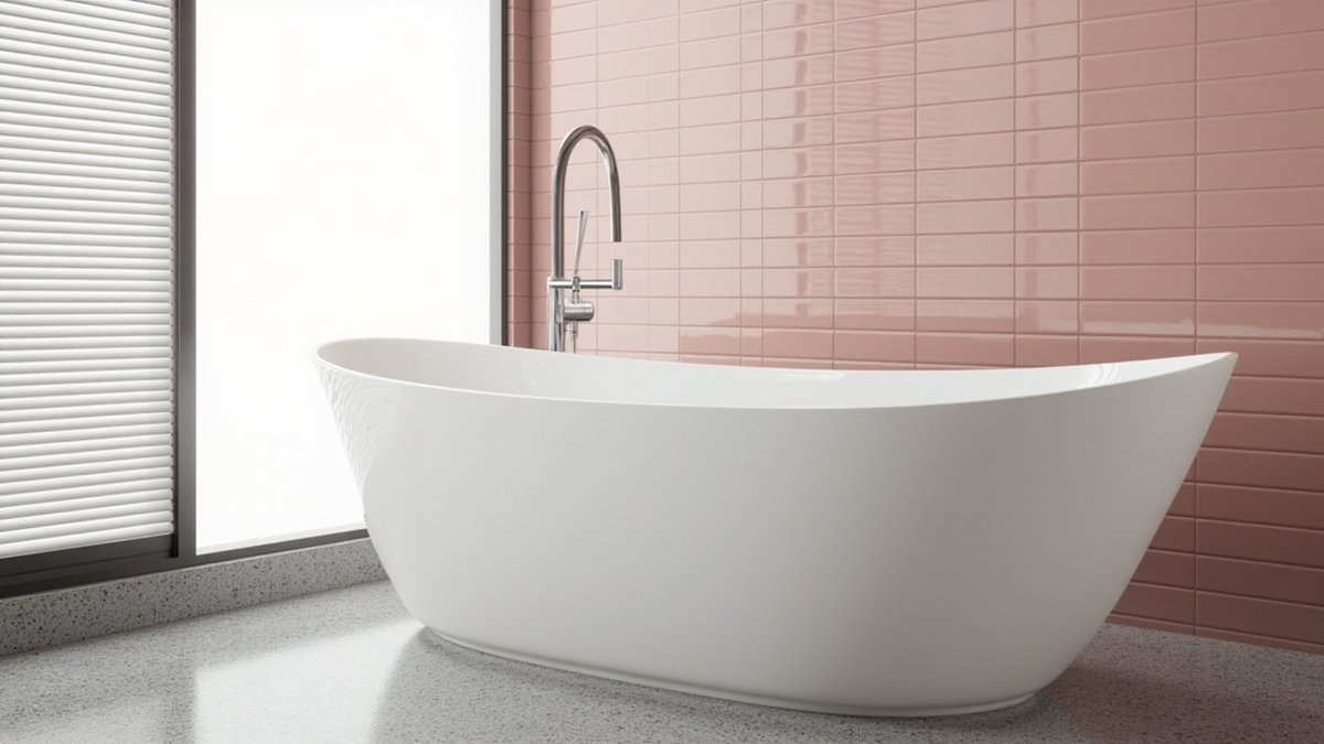 Illustrative concept design: glossy white freestanding acrylic bathtub with a chrome floor filler against blush pink tiles