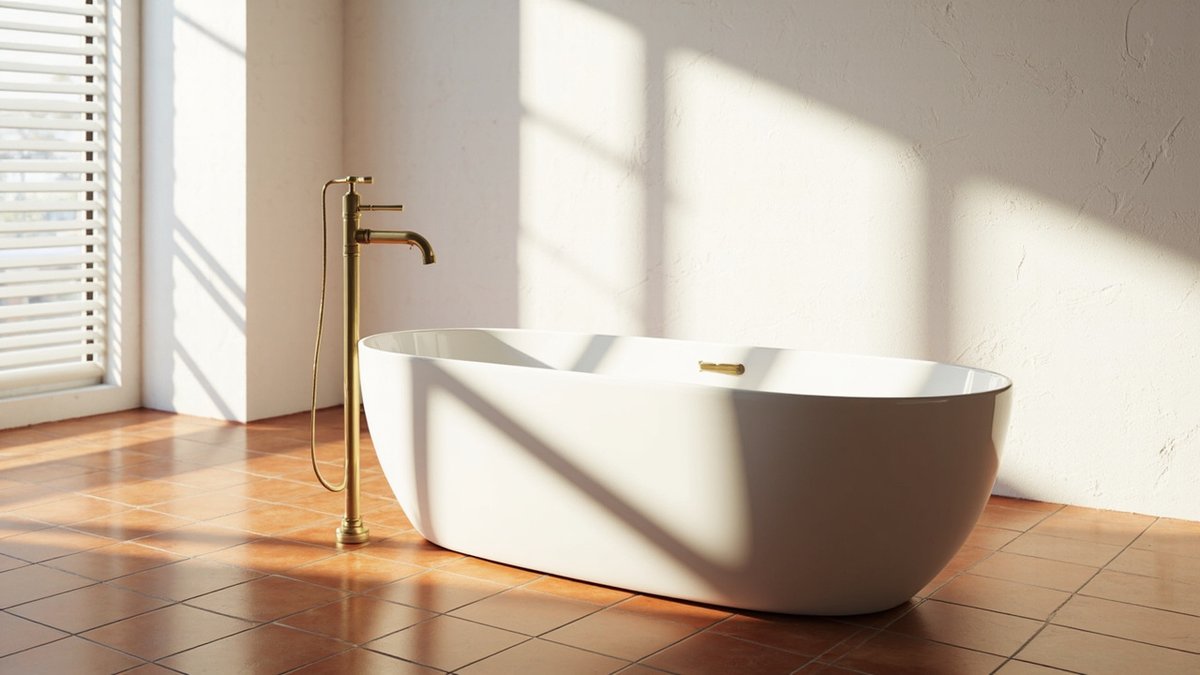Illustrative concept design: glossy white freestanding acrylic bathtub with a brushed gold floor filler on terracotta floor tiles