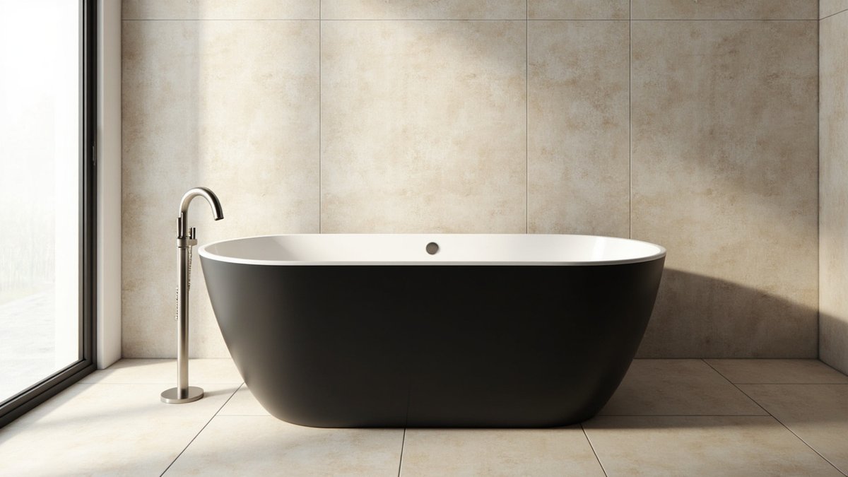 Illustrative concept design: matte black stone resin freestanding bathtub with a nickel floor filler in a pale stone-look bathroom