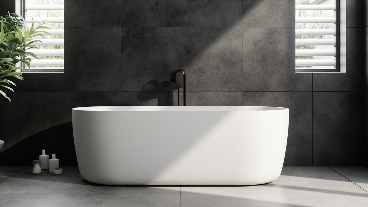 Illustrative concept design: matte white stone resin freestanding bathtub against charcoal wall tiles