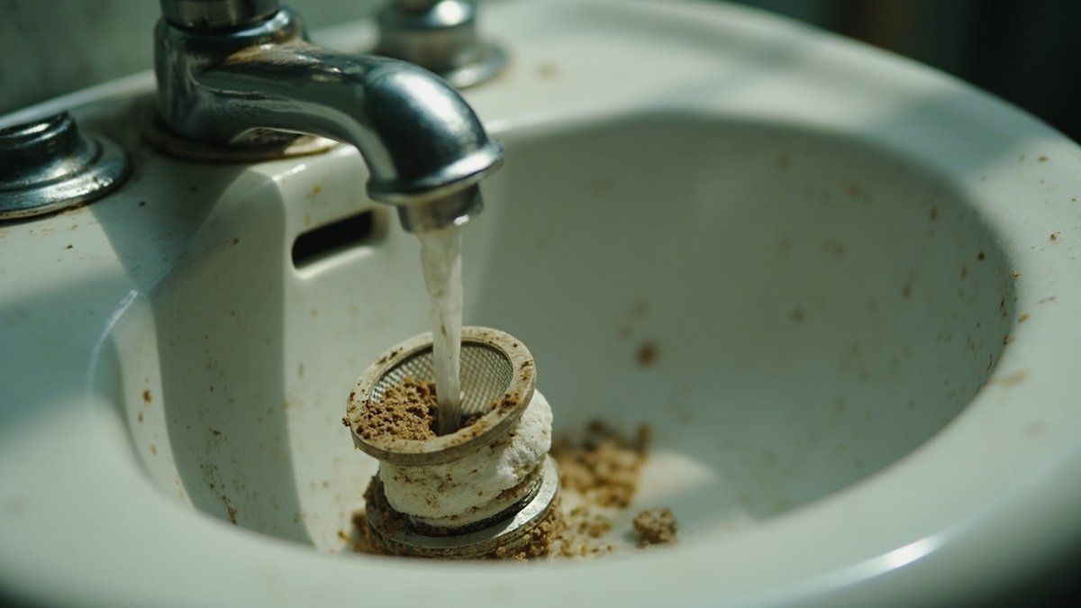 Basin tap with a weak stream and its clogged aerator removed beside it