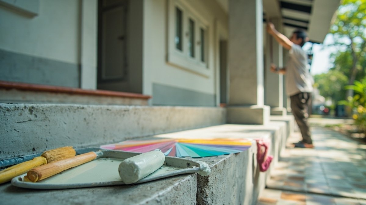 Paint tray, rollers and colour swatches on a terrace house porch step, a painter from behind