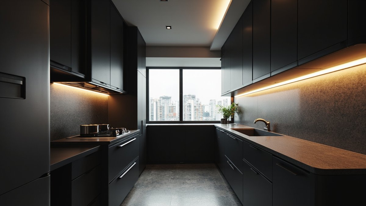 Ilustrasi konsep reka bentuk: dapur basah galley berkabinet hitam matte, permukaan rupa batu gelap dan lampu hangat di bawah kabinet