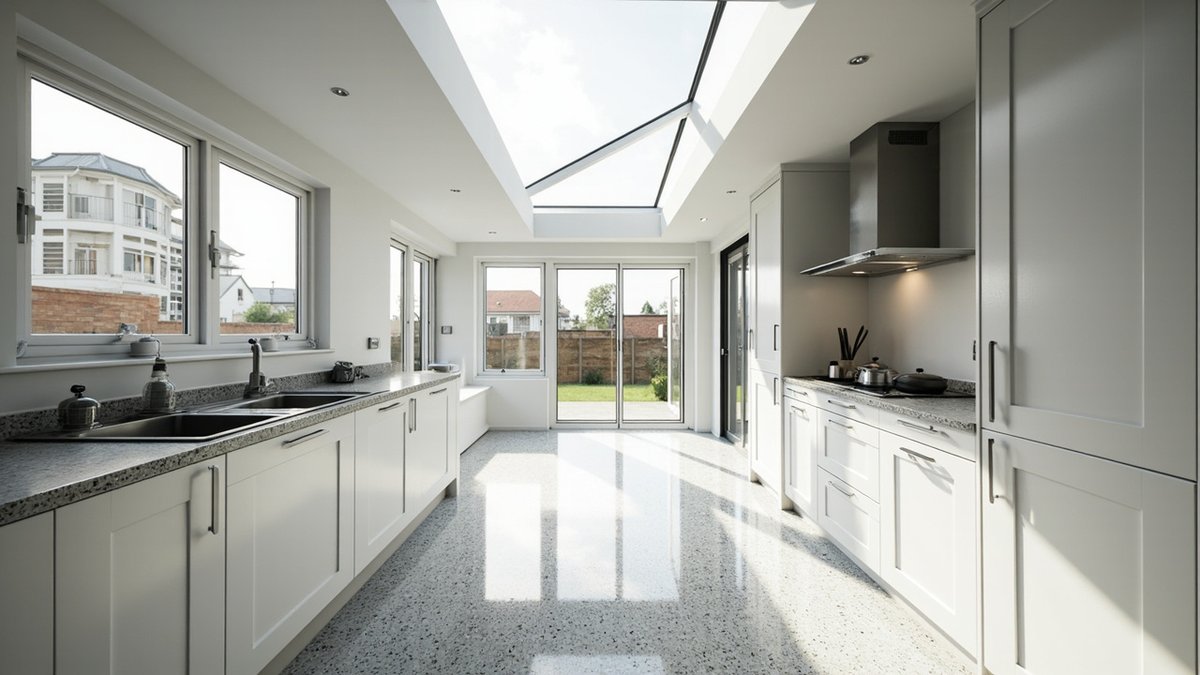 Ilustrasi konsep reka bentuk: dapur basah sambungan belakang dengan skylight kaca, kabinet shaker dan lantai terrazzo