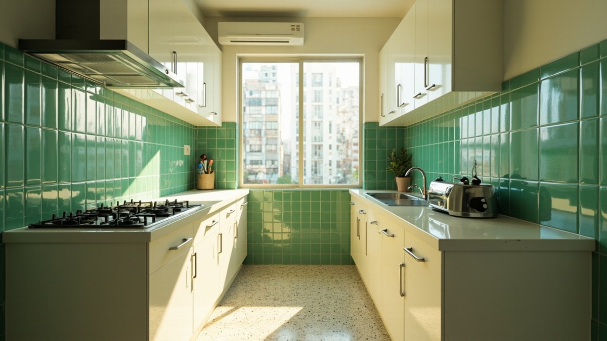 Ilustrasi konsep reka bentuk: dapur basah galley retro berjubin dinding hijau, kabinet krim dan lantai terrazzo