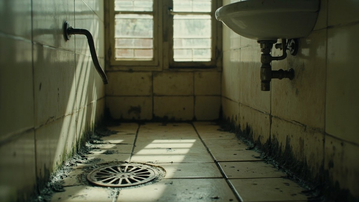 Ageing bathroom with dark grout, a lifted floor tile and dated fittings