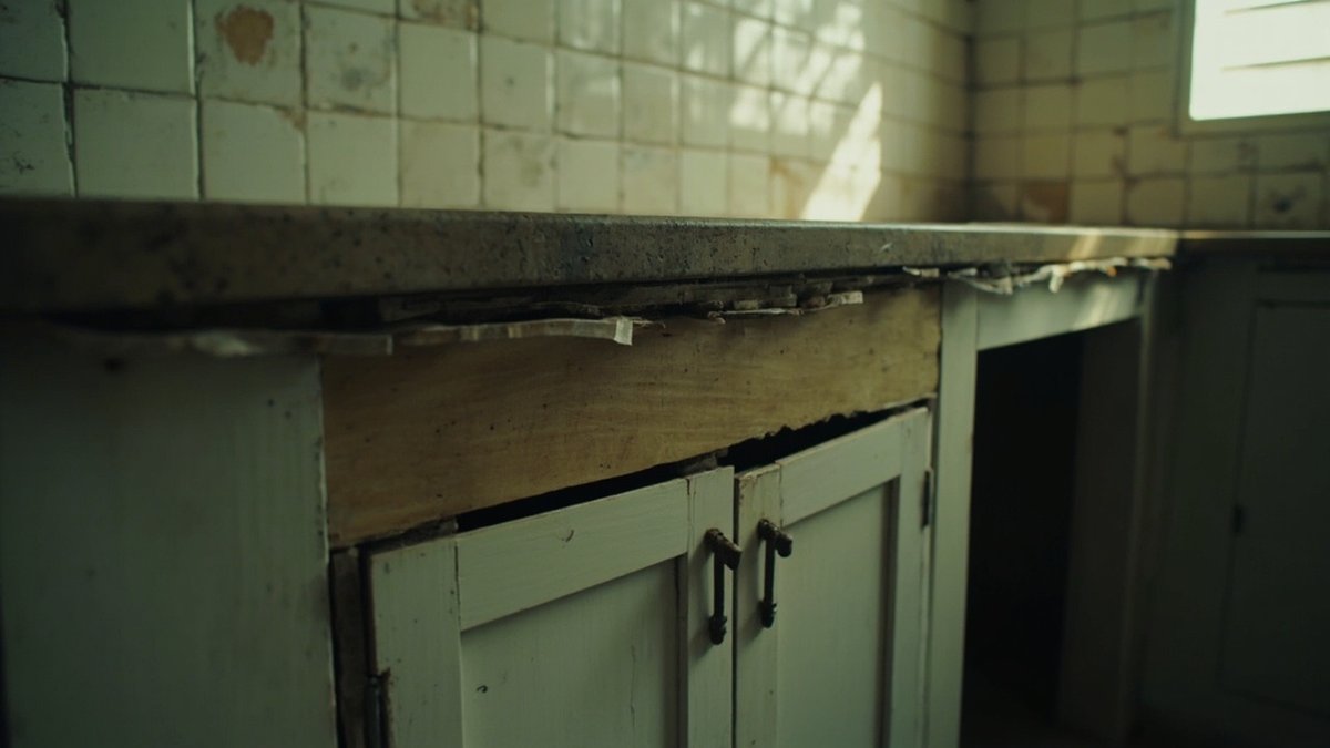 Dapur lama dengan kabinet sinki bengkak, pintu jatuh dan countertop jubin bertompok