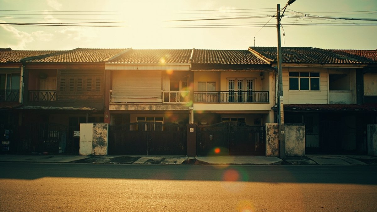 Row of older terrace houses with tiled roofs in strong low sun, seen across an empty road