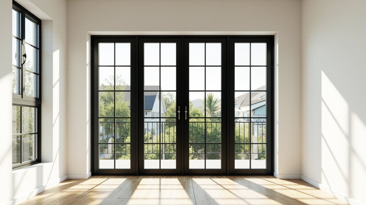 Illustrative concept design: row of tall black-framed casement windows with small square grid panes