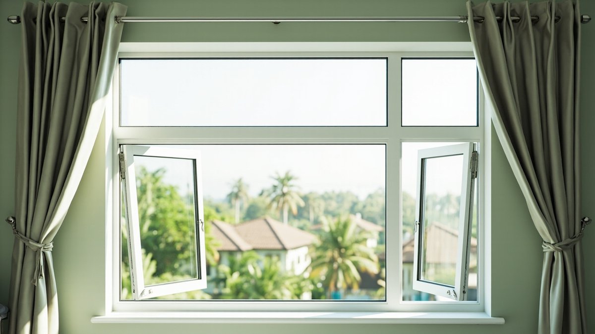 Illustrative concept design: white aluminium window with two open casements below a fixed fanlight