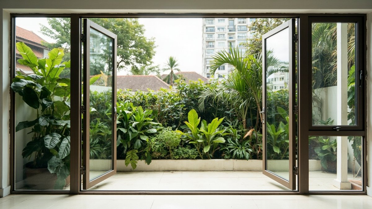 Illustrative concept design: bronze-framed window wall with fixed panes and open casements facing a garden
